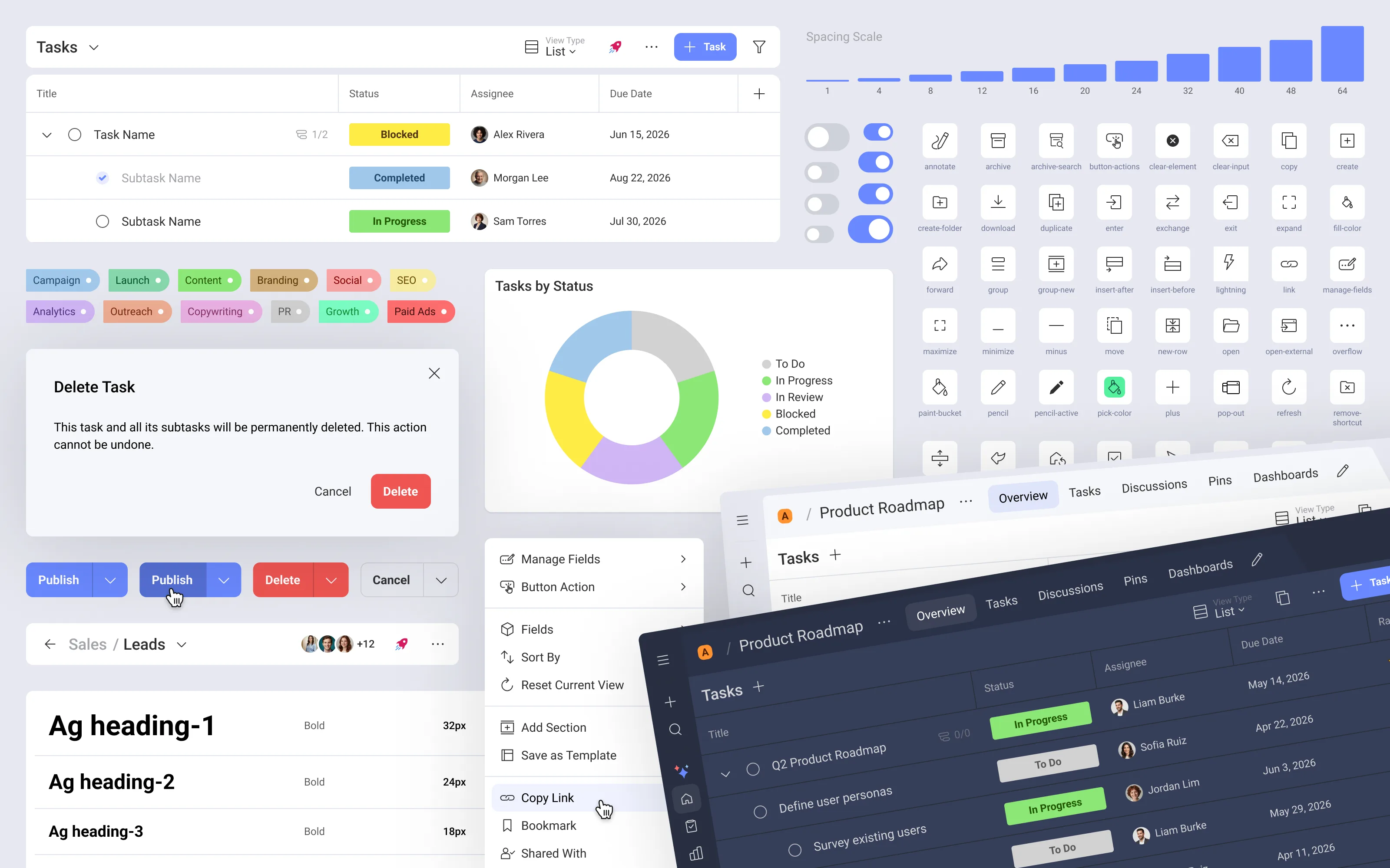 The design system's component gallery — buttons, inputs, cards, and charts shown across their states on one token-driven foundation.