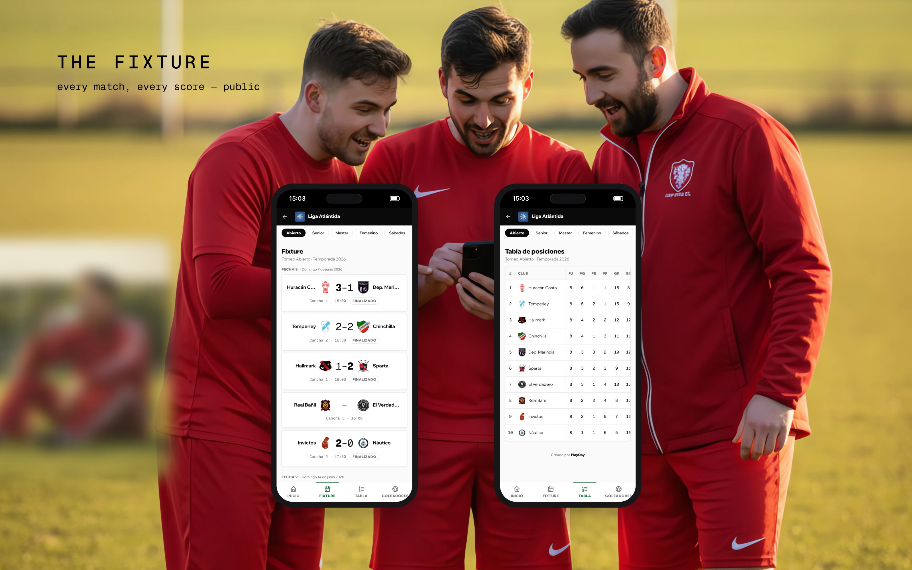 The public standings on a phone — the full table, positions and points for all ten clubs, updated the moment an acta validates.